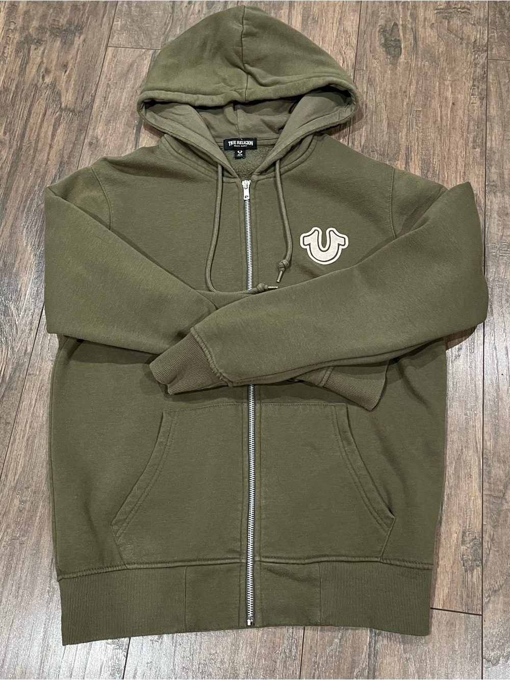 True Religion Olive Zip-Up Hoodie with Logo Patch